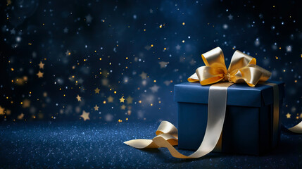 Dark blue gift box with elegant gold ribbon on dark background. Greeting gift with copy space for Christmas present, holiday or birthday