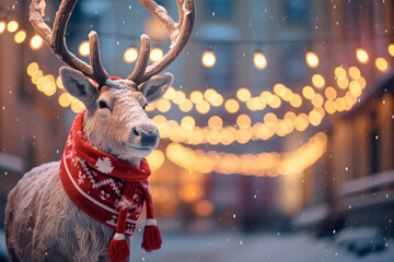 Festive Reindeer Radiance. A Reindeer in a Christmas Hat with Magical Bokeh Lights in the Background Sets the Scene for a Cheerful Holiday Celebration. Whimsical Holiday - obrazy, fototapety, plakaty
