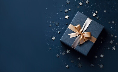 Dark blue gift box with elegant gold ribbon on dark background. Top view of greeting gift with copy space for Christmas present, holiday or birthday - obrazy, fototapety, plakaty