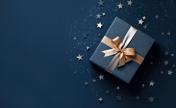 Dark blue gift box with elegant gold ribbon on dark background. Top view of greeting gift with copy space for Christmas present, holiday or birthday