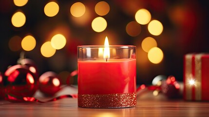 A decorated red candle burns against the background of lights, Christmas balls and gifts. Abstract...