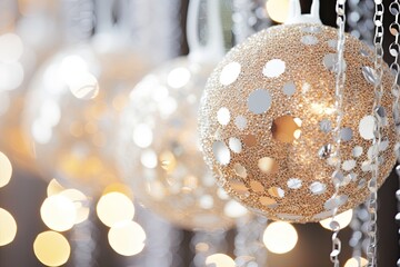 Beautiful golden Christmas balls and chains on the background of yellow lights in defocus. Abstract...