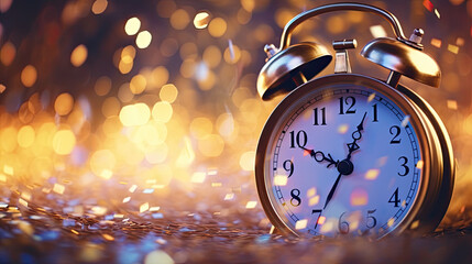 Golden beautiful alarm clock close-up on the background of yellow lights in defocusing. Abstract...