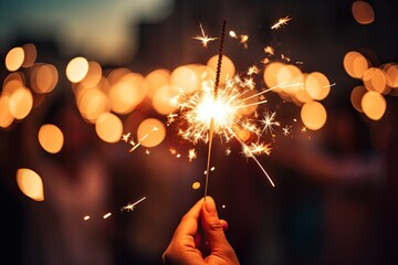A burning sparkler on a background of yellow lights in defocus. Abstract bokeh backdrop. New year...
