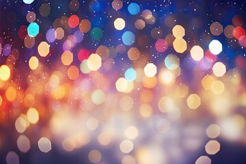 Multicolored lights and snow in defocus. Abstract bokeh backdrop. New year and Christmas background...
