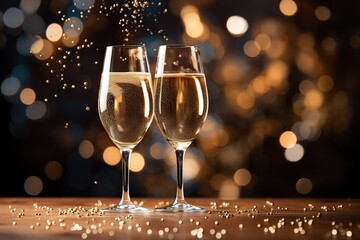 Two glasses of champagne against the background of brilliant lights in defocus. Abstract bokeh...