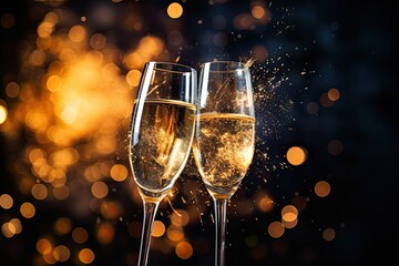 Two glasses of champagne against a background of brilliant orange lights in defocus. Abstract bokeh...