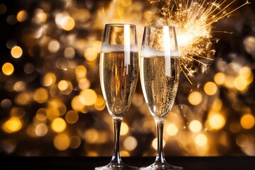 Two glasses of champagne against a background of brilliant yellow lights in defocus. Abstract bokeh...
