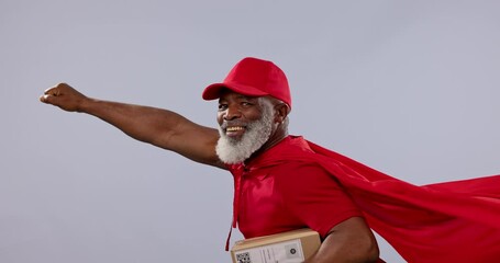 Delivery, mature black man or superhero flying for fast supply chain, mail box shipping or studio service. Ecommerce distribution package, retail comic character or portrait person on grey background