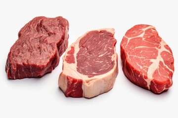 Obraz premium Uncooked Culinary Treasures. Succulent Raw Steaks and Premium Cuts of Beef Spotlight Excellence in Culinary Artistry and Gourmet Quality. Gastronomic Mastery 