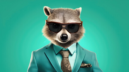 A squirrel as a suave secret agent,  wide banner for added text. Wide banner with copy space on the side - obrazy, fototapety, plakaty