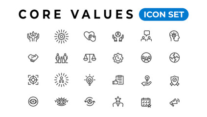 Core value icon banner collection. Containing innovation, goals, responsibility, integrity, customers, commitment, quality, teamwork, reliability and inclusion. Vector solid collection of icons