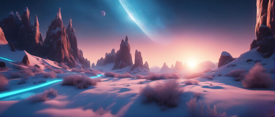Wide-angle shot of an alien planet landscape. Breathtaking panorama of a frost snowy planet with strange rock formations. Fantastic extraterrestrial landscape. Sci-fi wallpaper. - obrazy, fototapety, plakaty