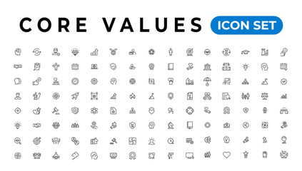 Core value icon banner collection. Containing innovation, goals, responsibility, integrity, customers, commitment, quality, teamwork, reliability and inclusion. Vector solid collection of icons - obrazy, fototapety, plakaty