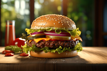 A fresh, juicy burger with cheese, lettuce, and tomato.