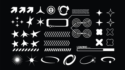 Vector Graphic Assets Set. Bold modern Shapes for Posters Template, flyers, clothes, social media, graphic design, sticker, In Y2k style, Futuristic, Anti-design, Digital Collage, Retro Futurist.