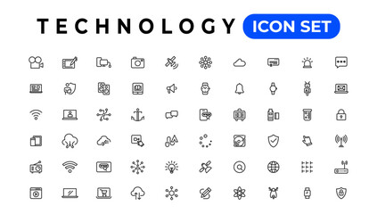Technology Outline vector icons in line style. Computer monitor, smartphone, tablet and laptop. Vector illustration.