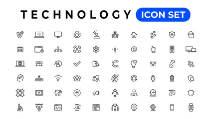 Technology Outline vector icons in line style. Computer monitor, smartphone, tablet and laptop. Vector illustration.