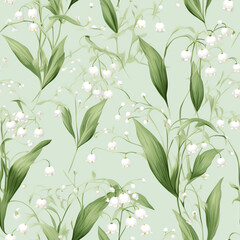 Fototapeta premium lily flowers seamless pattern. Repeating texture with floral branches and white flowers on green background. pattern for creating textiles, fabrics, paper, wallpapers.