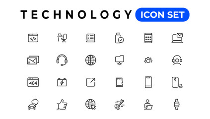 Technology Outline vector icons in line style. Computer monitor, smartphone, tablet and laptop. Vector illustration.