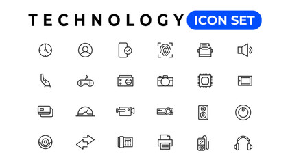 Technology Outline vector icons in line style. Computer monitor, smartphone, tablet and laptop. Vector illustration.