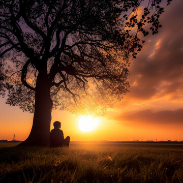 Silhouette of person at sunset next to a tree