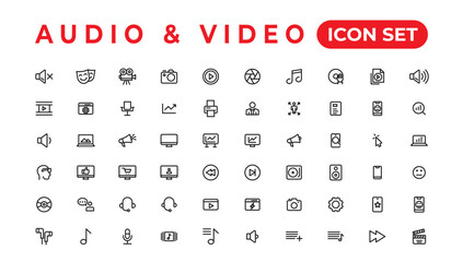 Audio Video Icons Pack. Thin line icons set. Flat icon collection set. Simple vector icons