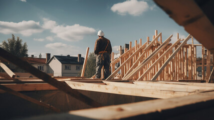 worker roofer builder working on roof structure on construction site.