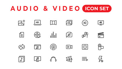 Audio Video Icons Pack. Thin line icons set. Flat icon collection set. Simple vector icons