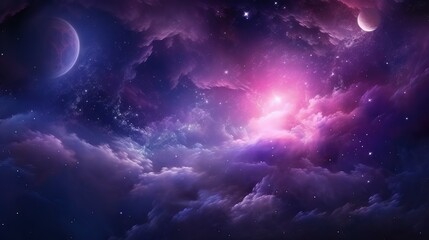 Fototapeta na wymiar Abstract starry space in purple with shining star dust and nebula - realistic galaxy with milky way and planet background