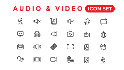 Audio Video Icons Pack. Thin line icons set. Flat icon collection set. Simple vector icons