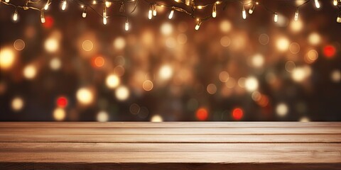 Golden christmas elegance. Bokeh background. Festive delights. Empty wooden table setting. Shining through on holiday. Abstract wood and gold. Party ambiance