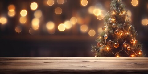 Golden christmas elegance. Bokeh background. Festive delights. Empty wooden table setting. Shining through on holiday. Abstract wood and gold. Party ambiance - Powered by Adobe