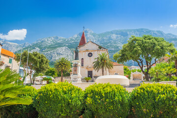 Old town square and church in town of Makarska, Dalmatia, Croatia