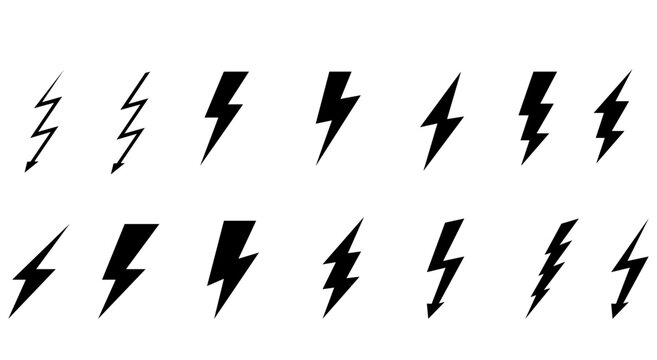 Set of lightning icons. Thunder and Bolt. Flash icon. Lightning strike. Black silhouette. Vector illustration.
