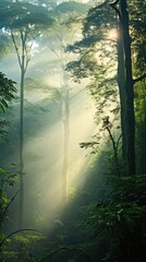 background Deep tropical thickets foggy fairy-tale dense forest