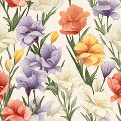 seamless pattern freesias Floral set of delicate flowers and branches. Illustration on white background, botanical design elements