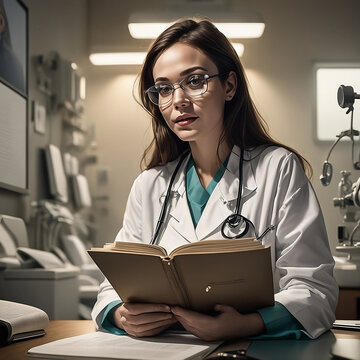 In this AI-generated image, a smart and confident female doctor is engrossed in analyzing a medical report. Her expertise and dedication are evident as she attentively studies the data.