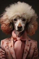 Portrait of an anthropomorphic white poodle in a pink blazer.