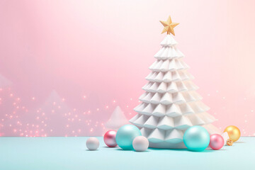 Christmas Elegance with Simplicity. A White Paper Tree on a Pastel Background Evokes the Essence of Christmas in a Minimalist and Creative Display. Holiday Craft AI Generative.

