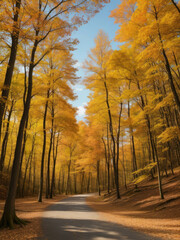 Fototapeta premium Illustration of an autumn landscape with yellow leaves on trees.