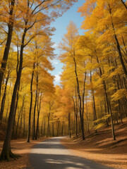 Illustration of an autumn landscape with yellow leaves on trees.