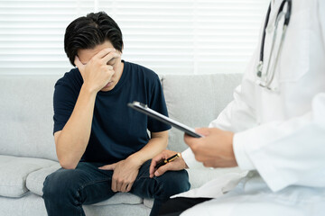 Man hold hand in front of private parts feeling discomfort and consult doctor. Venereal, testicular...