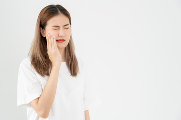 Asian woman feel toothache from gingivitis, female suffer tooth, decay problems, dental care....