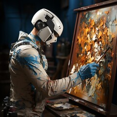 A robot with artificial intelligence creates a picture, modern art and painting performed by a machine. Concept: Illustration of applications for robotic creativity generation.