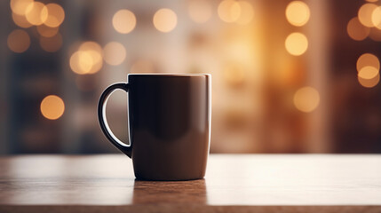 Obraz premium Black Mug Mockup Against the Background of Blurred Lights. Empty mug mock up for brand promotion.