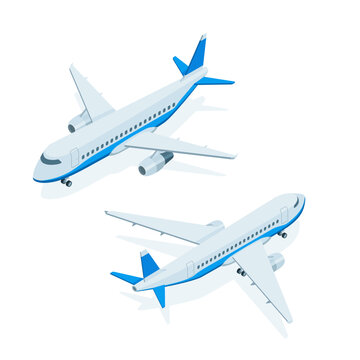 isometric passenger plane front and back view, in color on a white background, an air vehicle for transporting passengers or traveling around the world