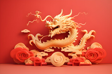 Chinese new year 2024. Year of the dragon background. Dragon in a red background