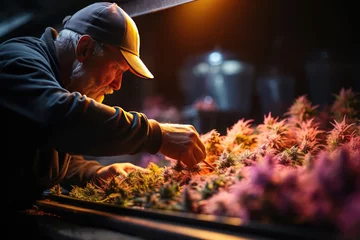 Fotobehang On a cannabis farm. A man with a beard delicately works with cannabis plants. © Aleksandr