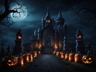 Fototapeta na wymiar A Halloween scene with pumpkins and a haunted house